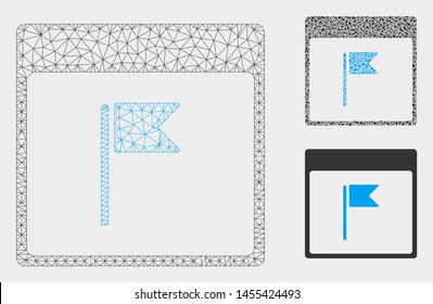 Mesh flag calendar page model with triangle mosaic icon. Wire carcass triangular mesh of flag calendar page. Vector mosaic of triangle elements in various sizes, and color tinges.