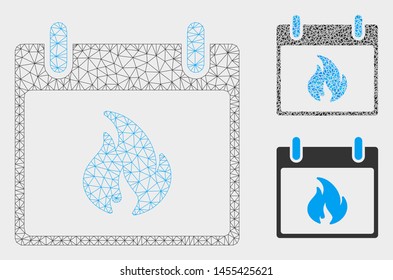 Mesh flame calendar day model with triangle mosaic icon. Wire frame triangular mesh of flame calendar day. Vector mosaic of triangle elements in variable sizes, and color tints.