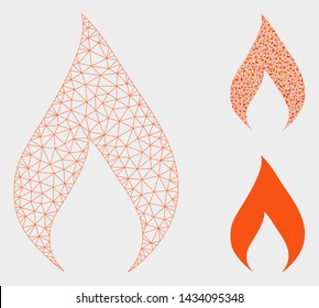 Mesh flame model with triangle mosaic icon. Wire carcass polygonal mesh of flame. Vector mosaic of triangle parts in different sizes, and color tinges. Abstract flat mesh flame,