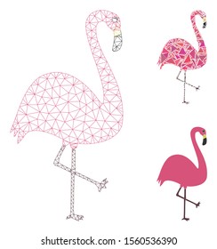 Mesh flamingo bird model with triangle mosaic icon. Wire carcass polygonal mesh of flamingo bird. Vector mosaic of triangles in different sizes, and color shades. Abstract flat mesh flamingo bird,