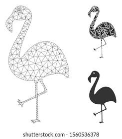 Mesh flamingo model with triangle mosaic icon. Wire carcass polygonal mesh of flamingo. Vector mosaic of triangle parts in different sizes, and color tones. Abstract flat mesh flamingo,