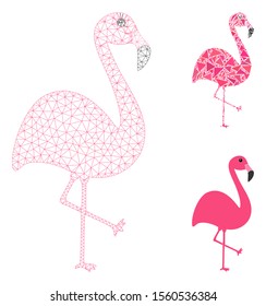 Mesh flamingo model with triangle mosaic icon. Wire carcass polygonal mesh of flamingo. Vector composition of triangle elements in different sizes, and color tinges. Abstract 2d mesh flamingo,