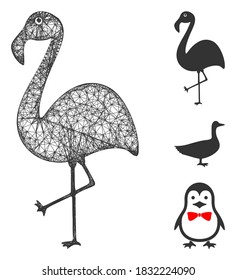 Mesh flamingo polygonal web 2d vector illustration. Carcass model is created from flamingo flat icon. Triangle mesh forms abstract flamingo flat model.