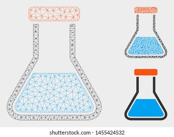 Mesh flask model with triangle mosaic icon. Wire frame polygonal mesh of flask. Vector mosaic of triangle elements in variable sizes, and color hues. Abstract flat mesh flask,