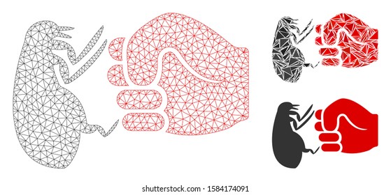 Mesh flea fist strike model with triangle mosaic icon. Wire frame polygonal mesh of flea fist strike. Vector mosaic of triangle parts in various sizes, and color hues.