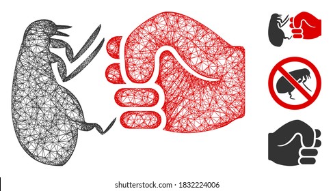 Mesh flea fist strike polygonal web 2d vector illustration. Carcass model is created from flea fist strike flat icon. Triangular network forms abstract flea fist strike flat model.