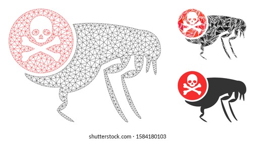 Mesh flea pesticide model with triangle mosaic icon. Wire frame triangular network of flea pesticide. Vector mosaic of triangle parts in variable sizes, and color hues.