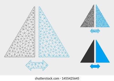 Mesh flip horizontally model with triangle mosaic icon. Wire frame triangular mesh of flip horizontally. Vector mosaic of triangle elements in different sizes, and color tints.