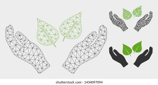 Mesh flora care hands model with triangle mosaic icon. Wire carcass triangular network of flora care hands. Vector mosaic of triangle parts in variable sizes, and color tones.