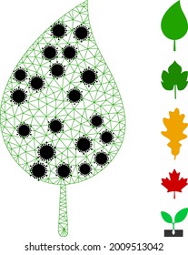 Ilustración vectorial de ícono poligonal de la hoja de malla floral, con elementos Covid negros. El modelo de canal se crea a partir de un icono plano de hoja floral, con elementos de infección y malla poligonal.