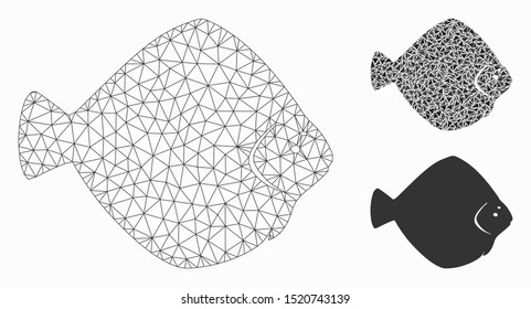 Mesh flounder fish model with triangle mosaic icon. Wire carcass polygonal mesh of flounder fish. Vector mosaic of triangle parts in various sizes, and color hues. Abstract flat mesh flounder fish,