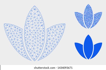 Mesh flower model with triangle mosaic icon. Wire carcass triangular mesh of flower. Vector mosaic of triangle parts in variable sizes, and color hues. Abstract flat mesh flower,