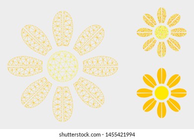 Mesh flower model with triangle mosaic icon. Wire carcass triangular mesh of flower. Vector collage of triangle elements in various sizes, and color hues. Abstract flat mesh flower,