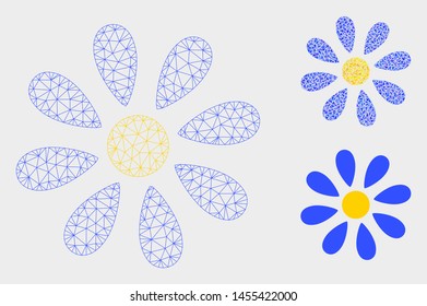 Mesh flower model with triangle mosaic icon. Wire frame triangular network of flower. Vector mosaic of triangle parts in different sizes, and color tints. Abstract flat mesh flower,