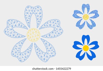 Mesh flower model with triangle mosaic icon. Wire carcass triangular mesh of flower. Vector mosaic of triangles in various sizes, and color tinges. Abstract 2d mesh flower,