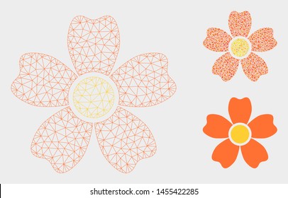 Mesh flower model with triangle mosaic icon. Wire frame triangular mesh of flower. Vector composition of triangle elements in different sizes, and color hues. Abstract 2d mesh flower,