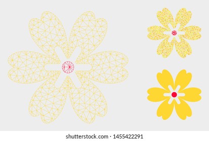 Mesh flower model with triangle mosaic icon. Wire frame triangular mesh of flower. Vector composition of triangle parts in variable sizes, and color tints. Abstract flat mesh flower,