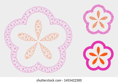 Mesh flower model with triangle mosaic icon. Wire frame polygonal network of flower. Vector mosaic of triangle parts in different sizes, and color tints. Abstract 2d mesh flower,