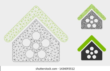 Mesh flower orangery model with triangle mosaic icon. Wire frame polygonal network of flower orangery. Vector mosaic of triangles in different sizes, and color tints. Abstract 2d mesh flower orangery,