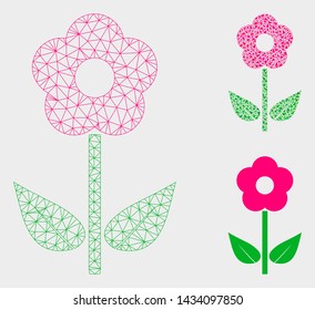 Mesh flower plant model with triangle mosaic icon. Wire frame polygonal network of flower plant. Vector mosaic of triangle parts in various sizes, and color hues. Abstract flat mesh flower plant,