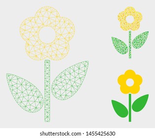 Mesh flower plant model with triangle mosaic icon. Wire carcass polygonal network of flower plant. Vector mosaic of triangles in different sizes, and color hues. Abstract flat mesh flower plant,