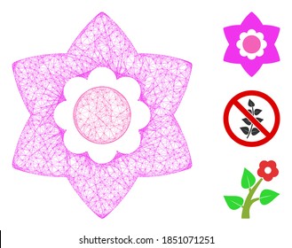 Mesh flower polygonal web 2d vector illustration. Carcass model is based on flower flat icon. Triangular network forms abstract flower flat model.