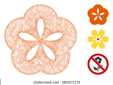 Mesh flower polygonal web icon vector illustration. Carcass model is created from flower flat icon. Triangular mesh forms abstract flower flat carcass.
