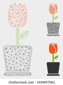 Mesh flower pot model with triangle mosaic icon. Wire carcass triangular mesh of flower pot. Vector mosaic of triangle elements in different sizes, and color shades. Abstract 2d mesh flower pot,