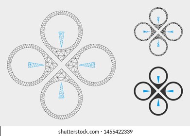 Mesh fly drone model with triangle mosaic icon. Wire frame polygonal mesh of fly drone. Vector mosaic of triangle elements in various sizes, and color tints. Abstract flat mesh fly drone,