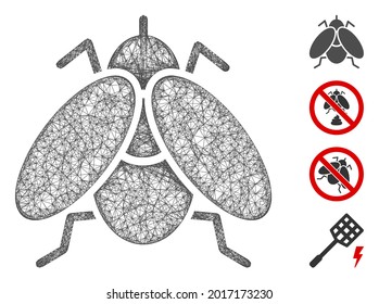 Mesh fly insect web 2d vector illustration. Carcass model is based on fly insect flat icon. Network forms abstract fly insect flat carcass. Wire frame flat web network isolated on a white background.