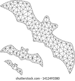 Mesh flying bats model icon. Wire frame triangular mesh of vector flying bats isolated on a white background. Abstract 2d mesh built from triangular lines and spheric points.