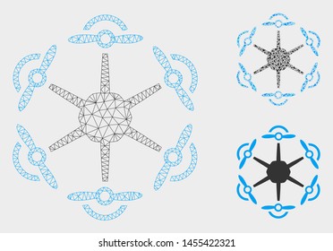 Mesh flying hexacopter model with triangle mosaic icon. Wire frame polygonal mesh of flying hexacopter. Vector mosaic of triangle parts in variable sizes, and color tinges.