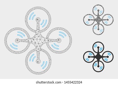 Mesh flying quadcopter model with triangle mosaic icon. Wire carcass polygonal mesh of flying quadcopter. Vector collage of triangle elements in variable sizes, and color tones.