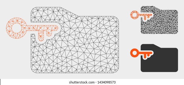 Mesh folder access key model with triangle mosaic icon. Wire frame triangular mesh of folder access key. Vector mosaic of triangle elements in various sizes, and color tones.