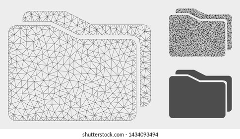 Mesh folders model with triangle mosaic icon. Wire frame polygonal mesh of folders. Vector collage of triangle elements in variable sizes, and color tinges. Abstract 2d mesh folders,