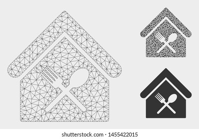 Mesh food court model with triangle mosaic icon. Wire carcass polygonal mesh of food court. Vector mosaic of triangle parts in different sizes, and color hues. Abstract 2d mesh food court,