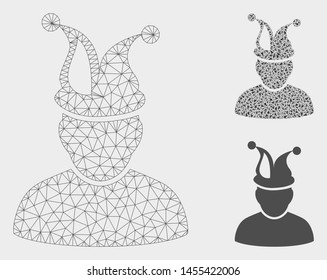 Mesh fool model with triangle mosaic icon. Wire carcass triangular mesh of fool. Vector mosaic of triangle parts in various sizes, and color shades. Abstract 2d mesh fool,