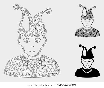 Mesh fool model with triangle mosaic icon. Wire carcass polygonal mesh of fool. Vector mosaic of triangles in different sizes, and color tones. Abstract 2d mesh fool, designed with triangles.