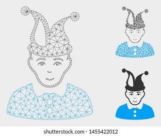 Mesh fool model with triangle mosaic icon. Wire carcass polygonal mesh of fool. Vector mosaic of triangle elements in variable sizes, and color tinges. Abstract flat mesh fool,
