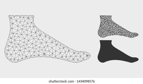 Mesh foot model with triangle mosaic icon. Wire frame triangular mesh of foot. Vector mosaic of triangle elements in variable sizes, and color tints. Abstract 2d mesh foot, built from polygonal grid.