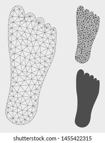 Mesh foot model with triangle mosaic icon. Wire carcass polygonal mesh of foot. Vector collage of triangle parts in different sizes, and color tones. Abstract 2d mesh foot,