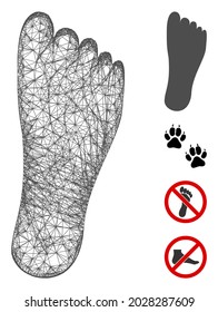 Mesh foot web icon vector illustration. Model is based on foot flat icon. Mesh forms abstract foot flat carcass. Wire frame 2D web network isolated on a white background. Bonus icons are added.