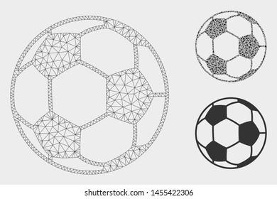 Mesh football ball model with triangle mosaic icon. Wire carcass triangular mesh of football ball. Vector mosaic of triangle parts in various sizes, and color tinges. Abstract 2d mesh football ball,