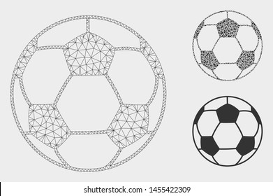 Mesh football ball model with triangle mosaic icon. Wire carcass polygonal mesh of football ball. Vector mosaic of triangle elements in different sizes, and color tones.