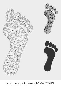 Mesh footprint model with triangle mosaic icon. Wire carcass polygonal mesh of footprint. Vector mosaic of triangle elements in variable sizes, and color tinges. Abstract flat mesh footprint,