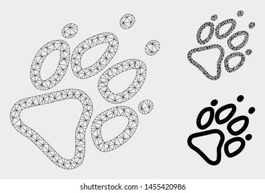 Mesh footprint model with triangle mosaic icon. Wire carcass triangular mesh of footprint. Vector collage of triangle parts in various sizes, and color tinges. Abstract flat mesh footprint,