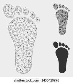 Mesh footprint model with triangle mosaic icon. Wire carcass triangular mesh of footprint. Vector mosaic of triangle parts in various sizes, and color tinges. Abstract 2d mesh footprint,