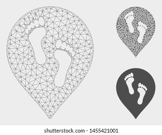 Mesh footprints map marker model with triangle mosaic icon. Wire frame triangular mesh of footprints map marker. Vector mosaic of triangles in various sizes, and color tones.