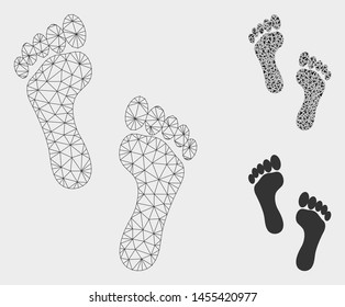 Mesh footprints model with triangle mosaic icon. Wire carcass polygonal mesh of footprints. Vector composition of triangle parts in variable sizes, and color shades. Abstract flat mesh footprints,