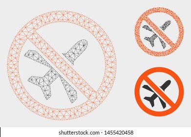 Mesh forbidden airplane model with triangle mosaic icon. Wire carcass triangular mesh of forbidden airplane. Vector mosaic of triangles in variable sizes, and color tinges.